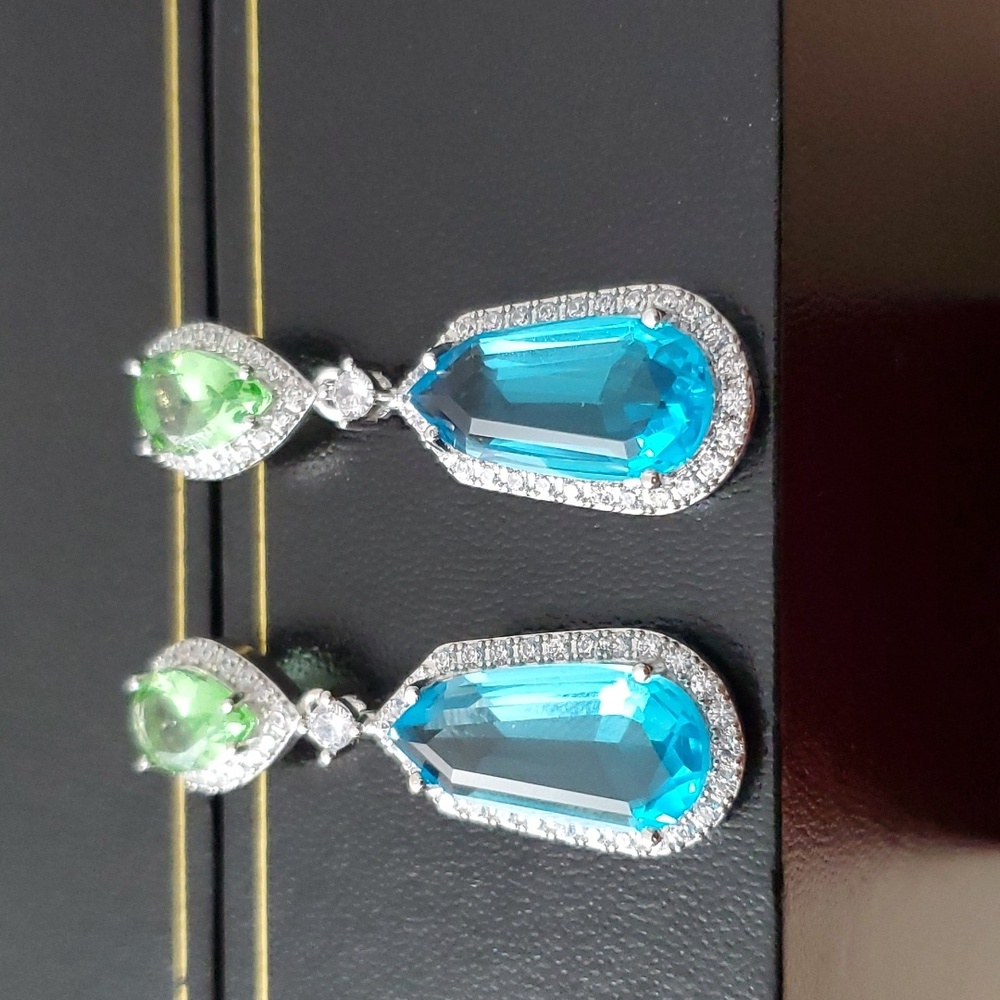 Sterling Silver 925 Aquamarine Peridot Dangle Earrings - Picture 7 of 12